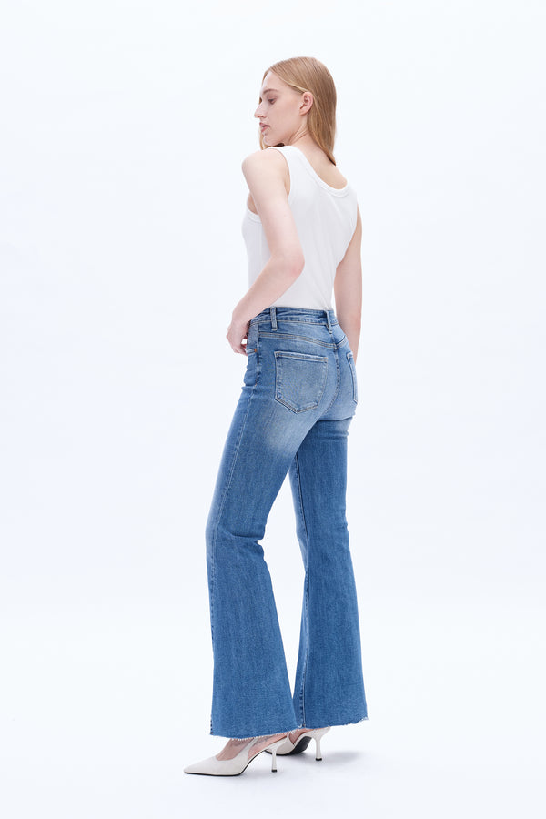 Women High Rise Stretch Flare Distressed Front Slit Jeans BYF1100