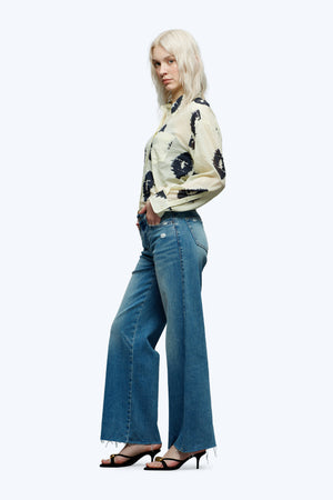 ONESO Mid-Low Rise Baggy Jeans Wide Leg for Women Distressed Pants Stretchy Bottom Lady Basic Comfortable