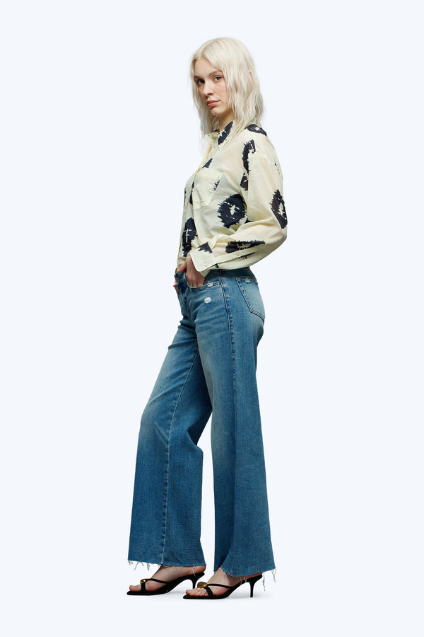 ONESO Mid-Low Rise Baggy Jeans Wide Leg for Women Distressed Pants Stretchy Bottom Lady Basic Comfortable