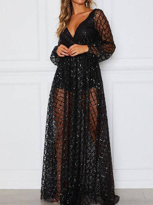 Sequin Mesh V Neck Maxi Dress