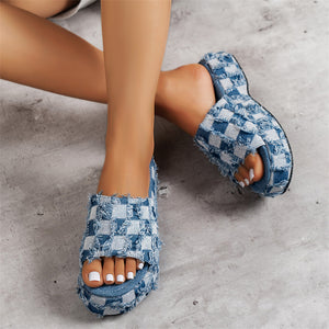 Plaid Washed Denim Thick Sole Slippers