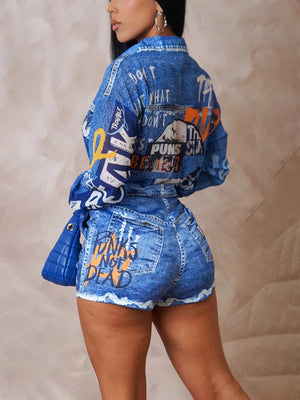 Denim Print Shirt & Shorts Set