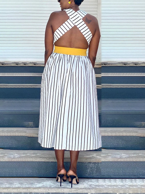 Striped Crisscross Straps Midi Dress