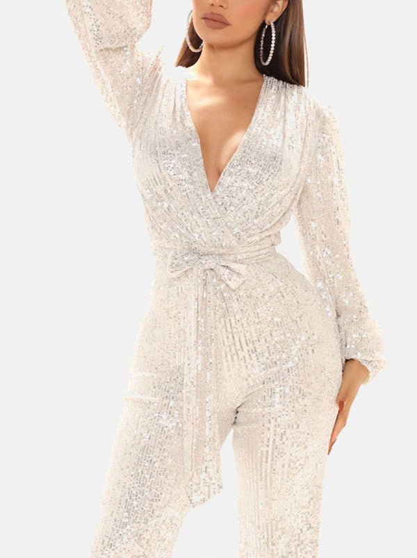 Sequin Long Sleeve V Neck Jumpsuit