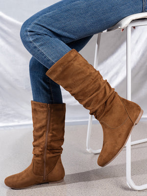 Mid-Calf Side Zipper Ruched Flat Boots