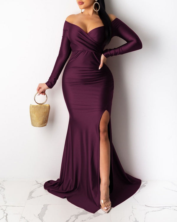 Long Sleeve Off Shoulder Split Maxi Dresses