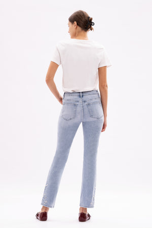 Bloomie Mid Waist EmbroideredHem Stretchy Jeans Women Straight Leg CasualDenim Pants
