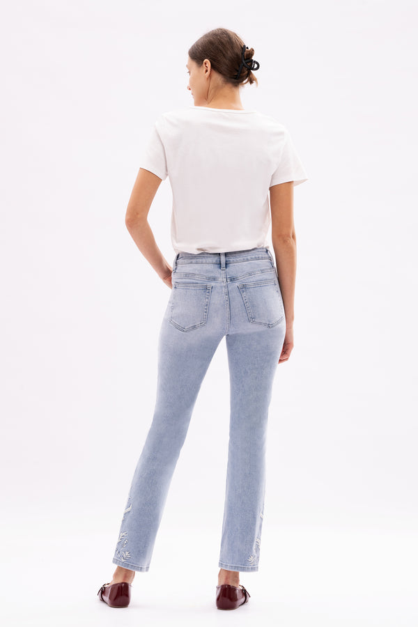 Bloomie Mid Waist EmbroideredHem Stretchy Jeans Women Straight Leg CasualDenim Pants