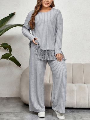 Fringed Long Sleeve Top Loose Wide Leg Pants Set