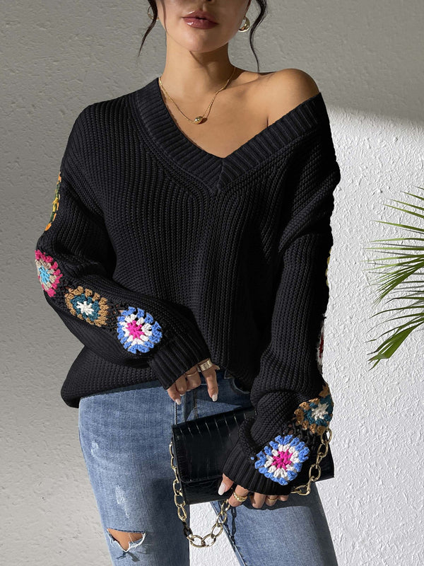 Patchwork V-neck Pullover Sweater