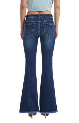 Mid Rise Flare Jeans with Distressed Frayed Hem