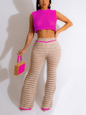 Crochet Crop Top Flare Pants Set