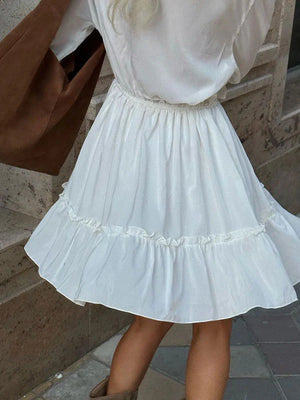 V-Neck Drawstring Flared Sleeve Ruffle White Dress Puffy Skirt