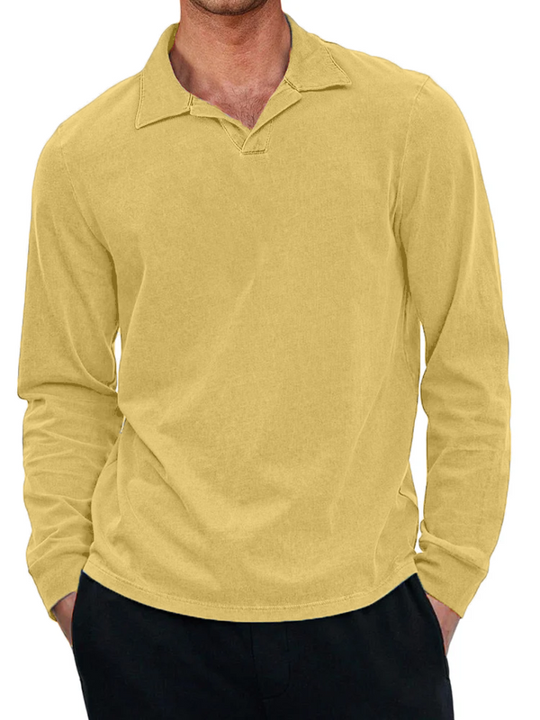 Men's Casual Retro Small V-neck Long-sleeved Polo Shirt