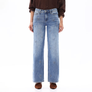 ONESO Women BBL Jeans Mid-Low Rise Wide Leg Stretch Relaxed Fit Embroidered Jeans Flat Tummy Design Simple Basic Trousers