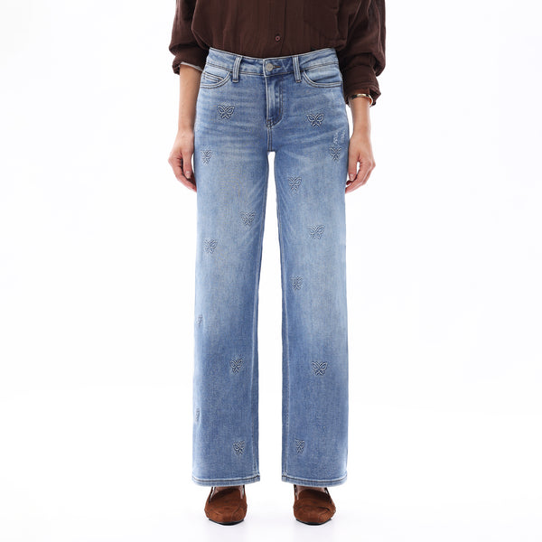 ONESO Women BBL Jeans Mid-Low Rise Wide Leg Stretch Relaxed Fit Embroidered Jeans Flat Tummy Design Simple Basic Trousers