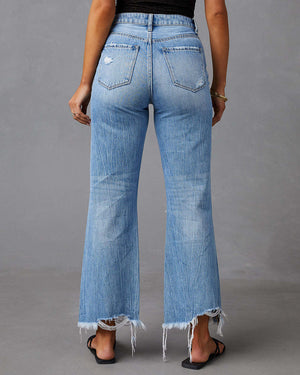 Wide Leg Fringe Washed Hole High Waist Straight Jeans