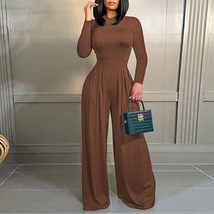 Long Sleeve One Piece Top & Wide Leg Pants 2 Sets Solid Color