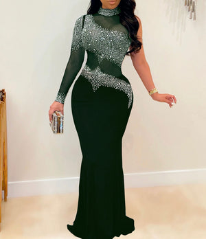 Plus Size Rhinestone Mesh Bodycon Maxi Dresses