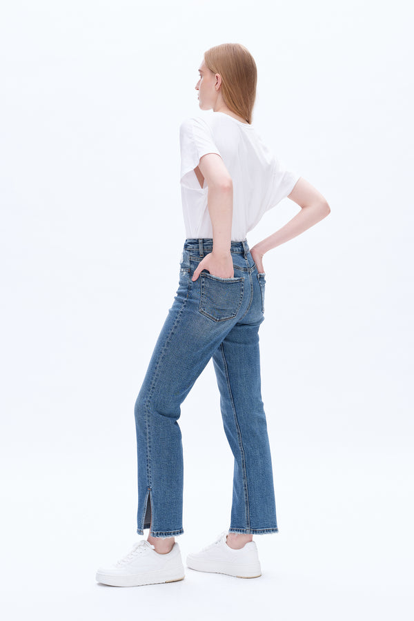 Women High Rise Stretch Straight Leg Distressed  Grinding Jeans With Side Slits BYT5162