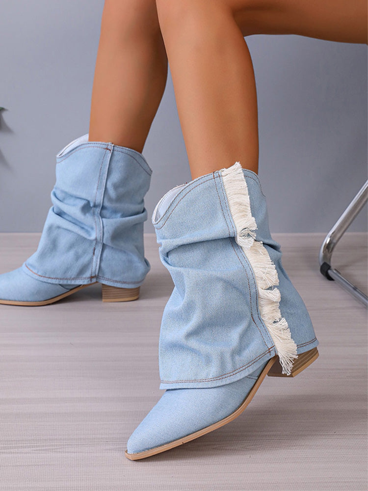 Fringe Point Toe Denim Boots