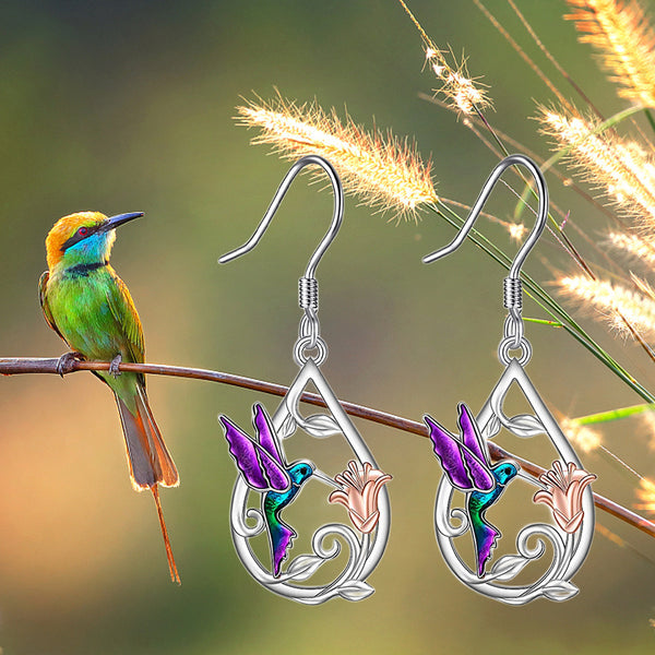 Hummingbird And Flower Water Drop Earrings