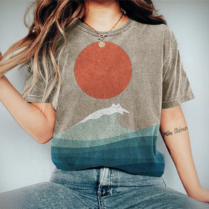 Cat Sea Wave Sunrise Japanese Art Vintage T Shirt