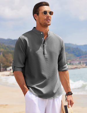 Men's Linen Henley Shirt Long Sleeve Casual Hippie Cotton Beach T Shirts Vertical Striped Hawaiian Shirts