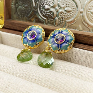 Blue flower drop enamel earrings