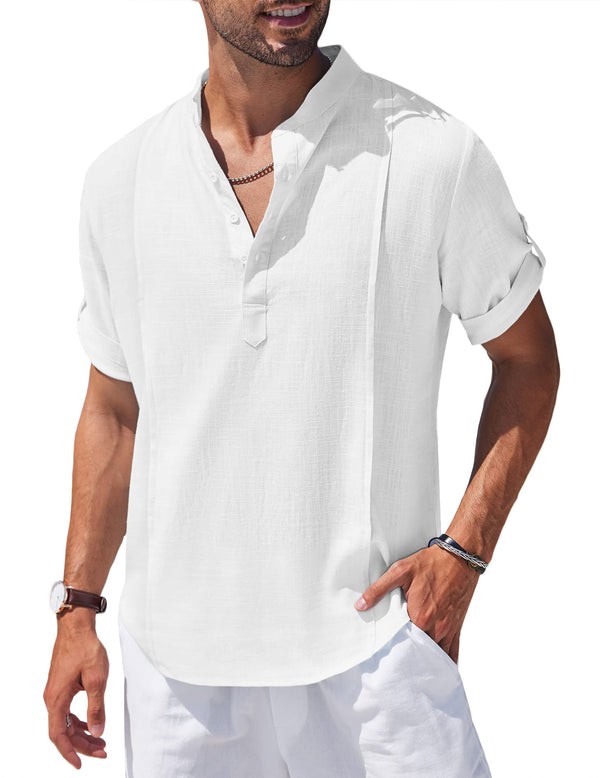 Men's Linen Cotton Henley Shirt Casual Beach Hippie Shirts Short Sleeve T Shirts