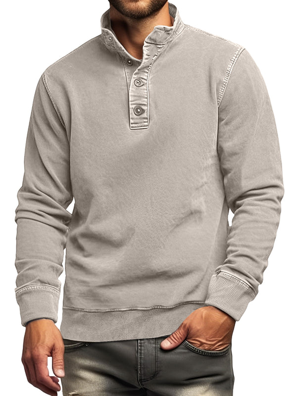 Men's Retro Stand Collar Button Solid Color Sweatshirt