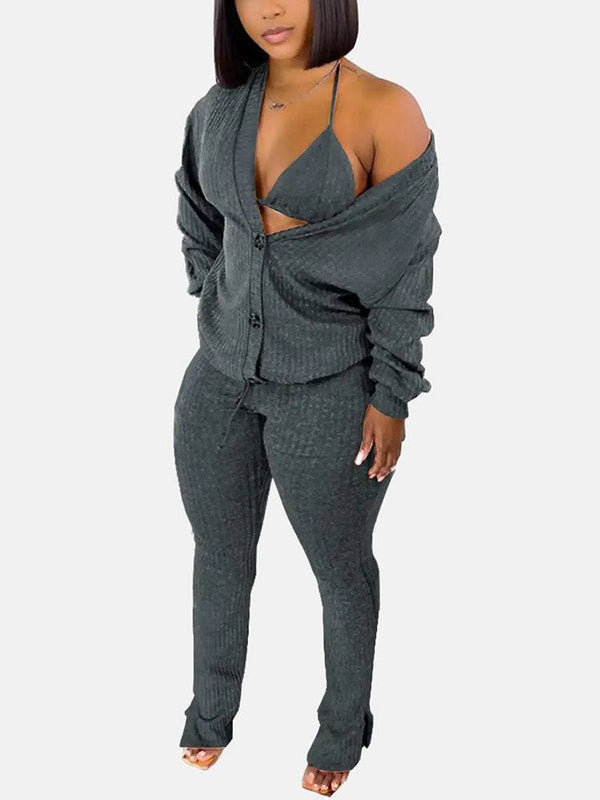 Cardigan Crop Tops & Pants 3 Piece Set