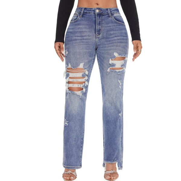 Women Mid Rise Stretch Distressed Slim Fit Casual Straight Leg Denim Jeans -JB8243MD