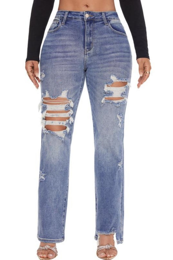 Mid Rise Stretch Distressed Slim Fit Denim