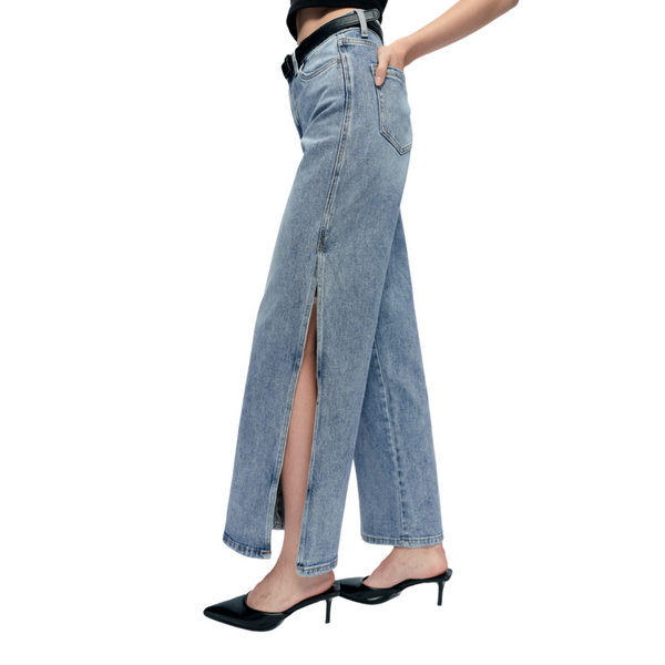 Women High Rise Stretch Wide Leg Side Slit Grinding Jeans BYW8037