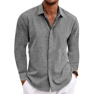 Men's button v-collar casual cotton linen long-sleeved shirt