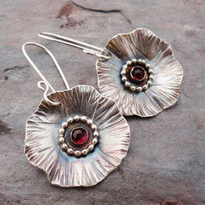 Vintage Silver Blossom Red Zirconia Earrings