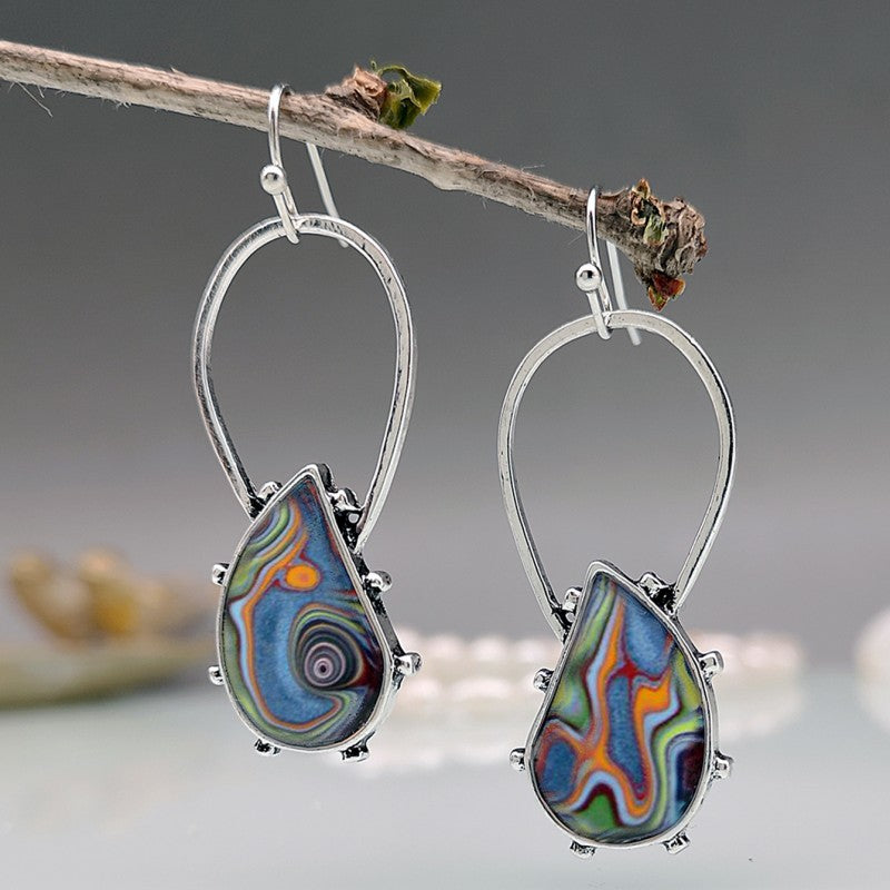 Boho Vintage Spiral Marble Pattern Colorful Stone Drop Earrings