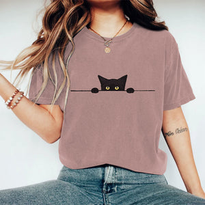 Women's Casual Black Cat Print Short Sleeve T-shirt