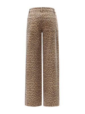 ONESO Women BBL Jeans Leopard Print Mid-Low Waist Relaxed Straight High Stretchy Pants