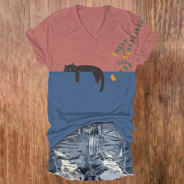 Abstract Creative Lazy Black Cat Painting Art V-neck T-shirt