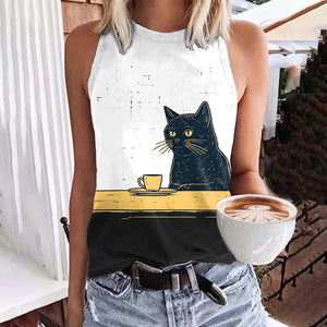 Abstract Creative Black Cat Chilling Coffee Painting Art Print Tank Top