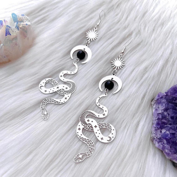 Silver Snake Moon Earrings