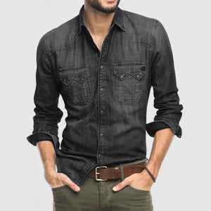 Men's New Double Pocket Men's Casual Long Sleeve Denim Shirt