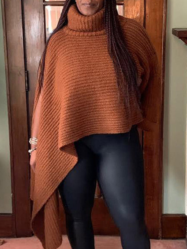 Knit Slit Asymmetrical Turtleneck Sweaters