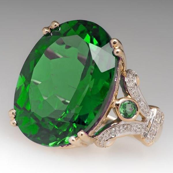 Large Green Stone Golden Ring, Set with Rhinestones, Size #10, Luxurious and Elegant, Perfect for Daily Wear