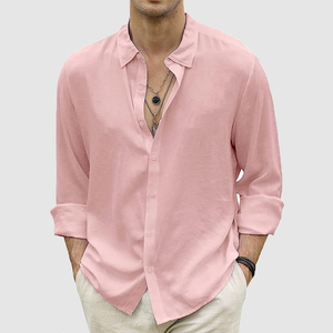 Men's summer casual button-up shirt long sleeve solid color holiday shirt