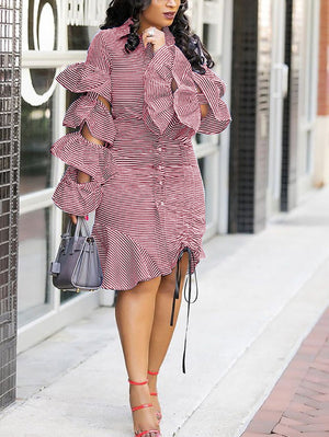 Striped Flounce Sleeve Drawstring Dress