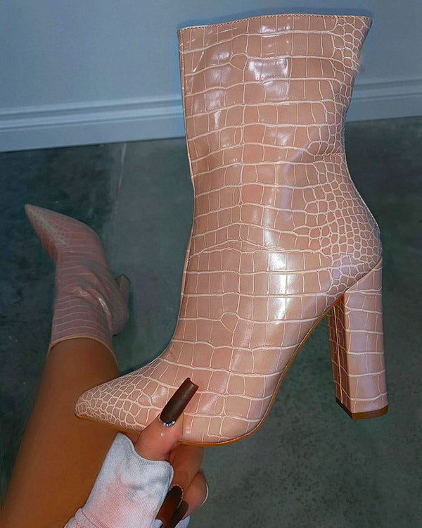 Embossed Chunky Heel Boots