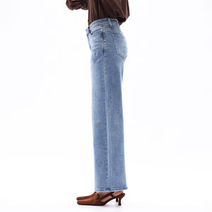 ONESO Women BBL Jeans Mid-Low Rise Wide Leg Stretch Relaxed Fit Embroidered Jeans Flat Tummy Design Simple Basic Trousers